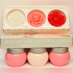3 Avon skin softeners: Roses Roses + Pearls & Lace + soft Rose floating candles